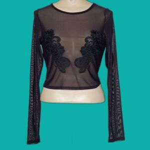 Sheer Black Long Sleeve Top Floral Paisley Applique Whimsigoth Witchy Grunge M